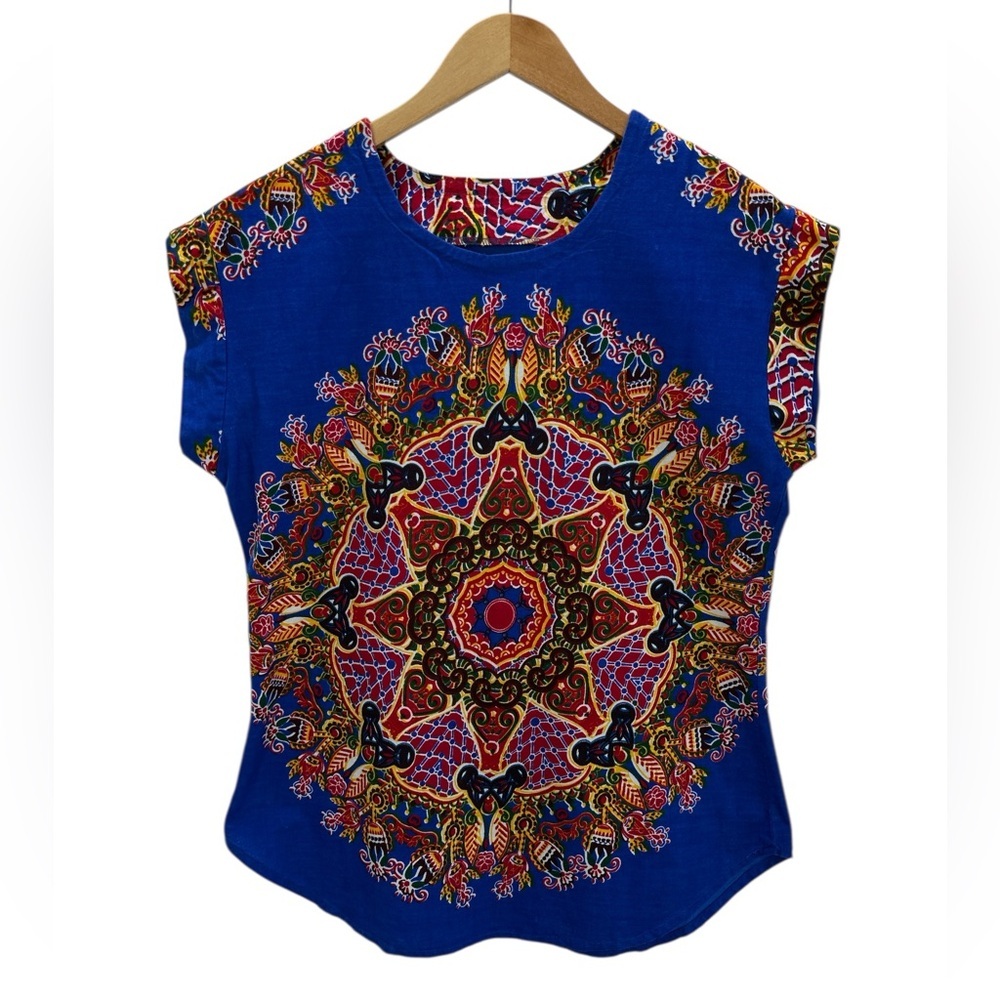 Babazi Royal Blue Mandala Print Top Short Sleeve Boho Artisan Festival Blouse M